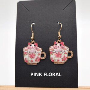 PINK FLORAL Pink Cat in Vintage Rose Pattern Teacup Earrings - Customizable